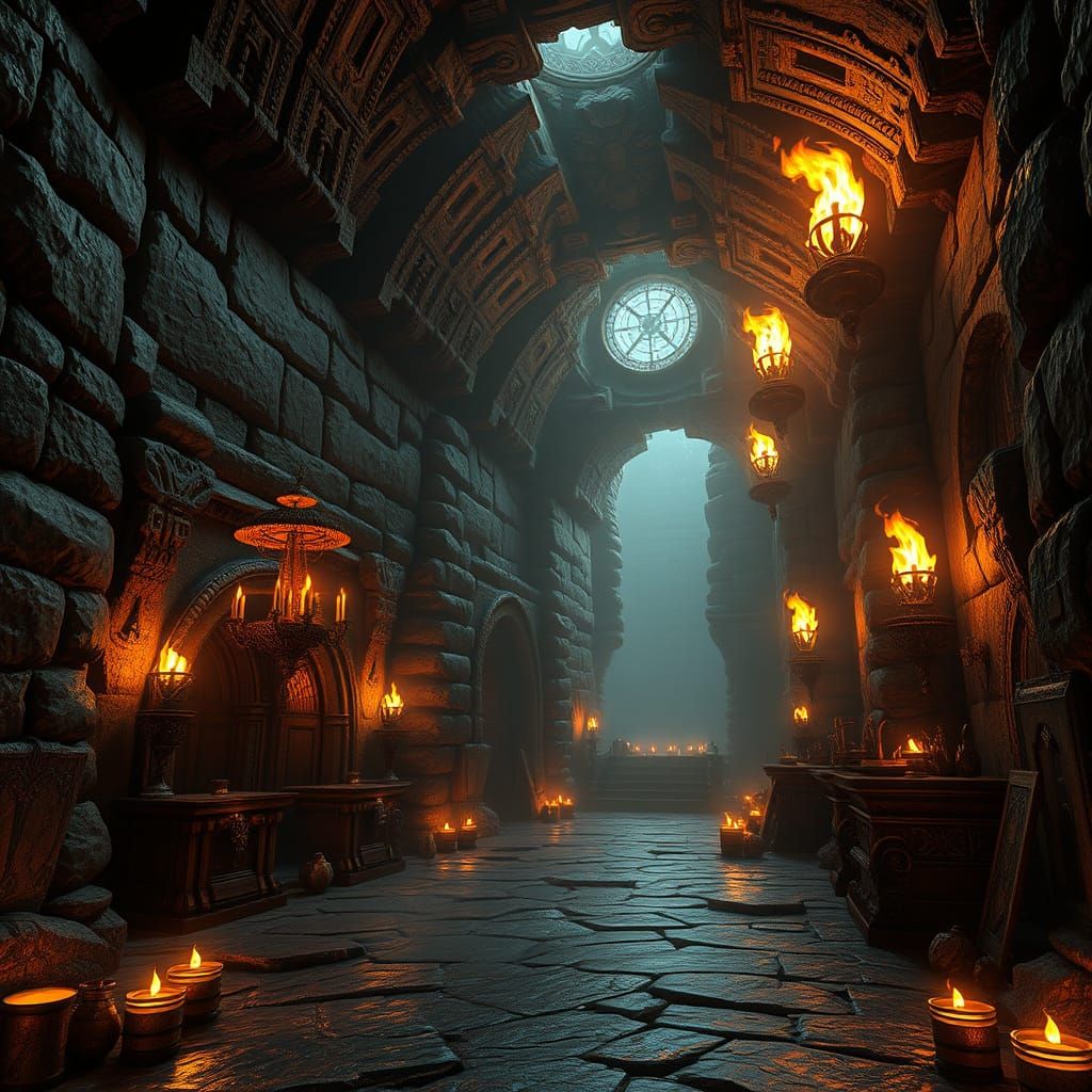 Mystical Dungeon with Ornate Torches as 3D Render