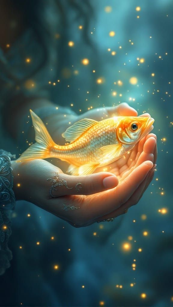 Gentle Hands Hold Glowing Golden Fish in Dreamy Blue Atmosph...