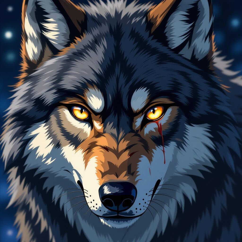 Wolf Face Close-Up with Glowing Amber Eyes