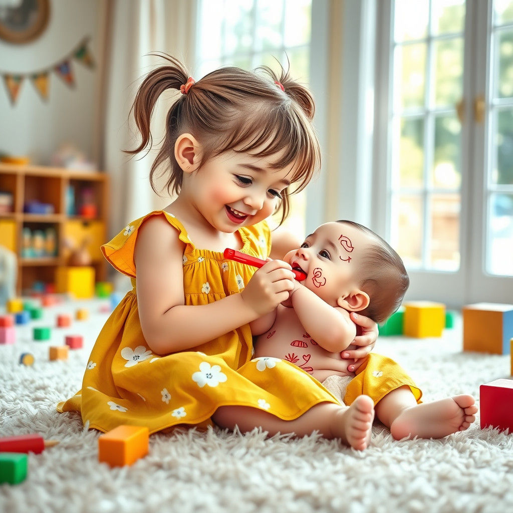 Girl Doodles on Baby Brother: Impressionist Naive Art