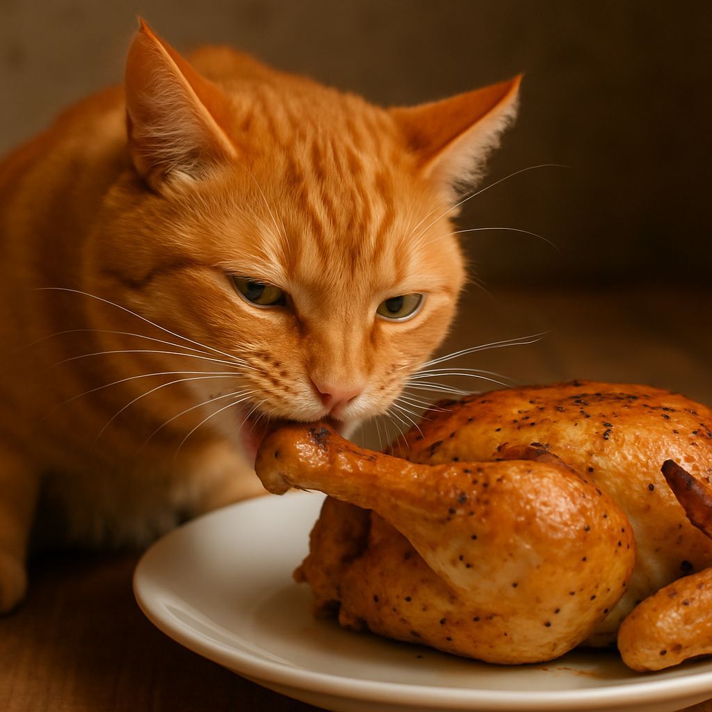 Orange Cat Devours Roast Chicken Leg