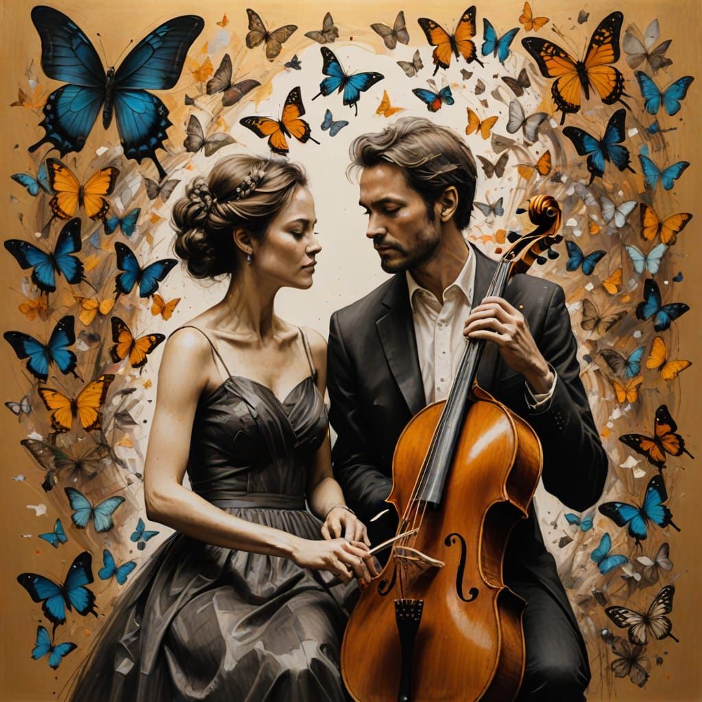 Surreal Charcoal Drawing of Musicians with Colorful Butterfl...