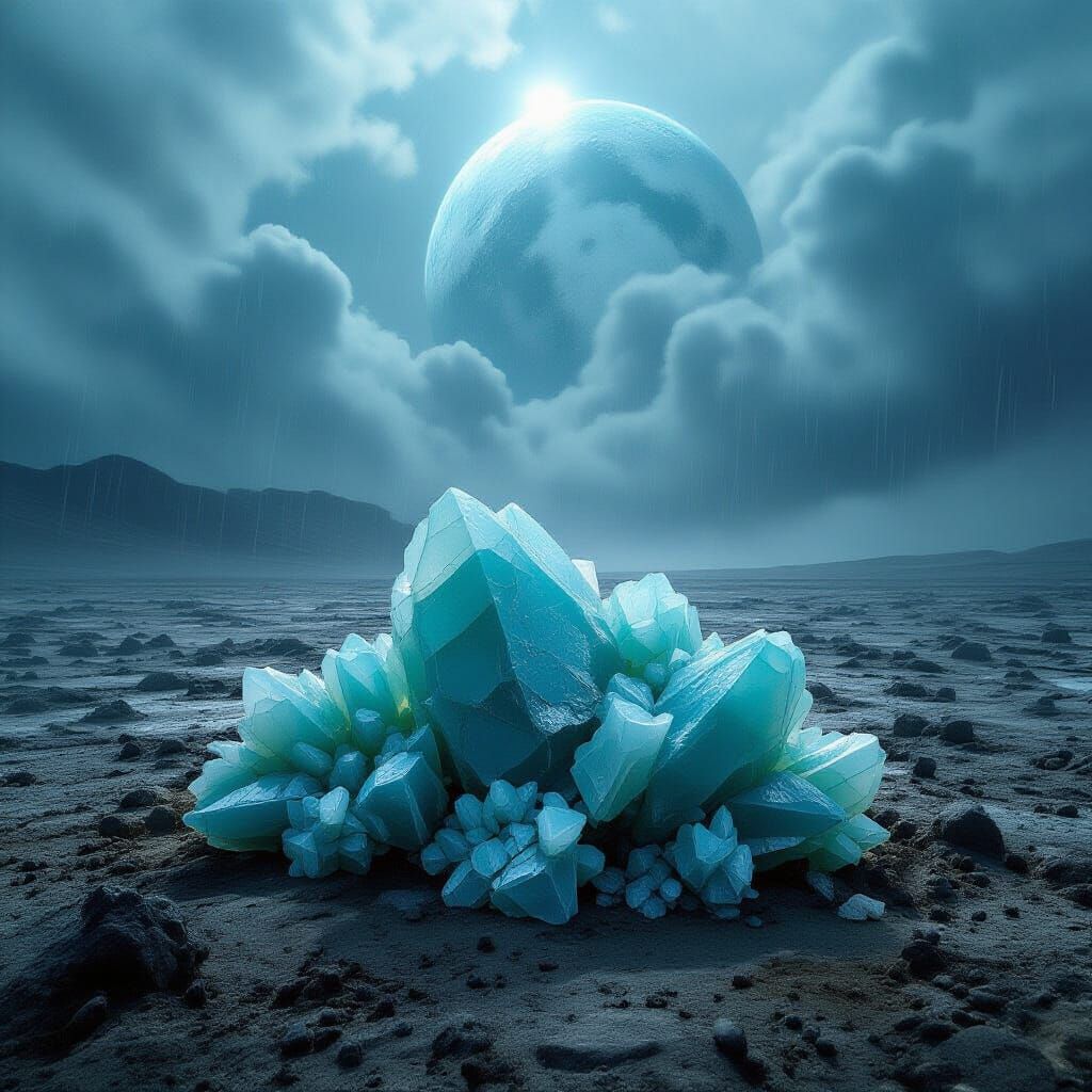 Amazonite Mineral Growth on Alien Planet Under Icy Sky