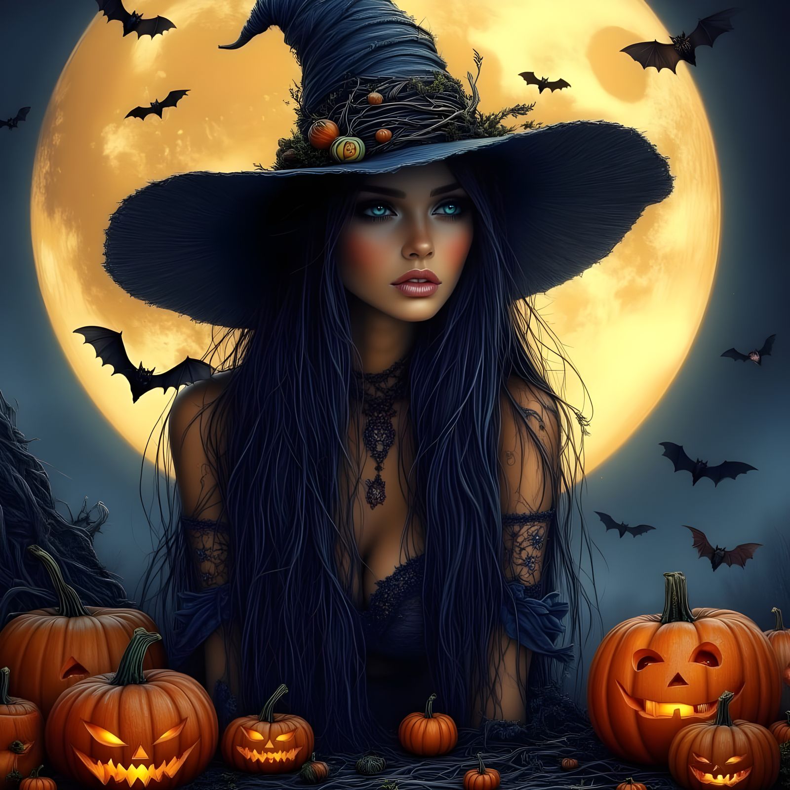 Beautiful Witch with Moon and Bats