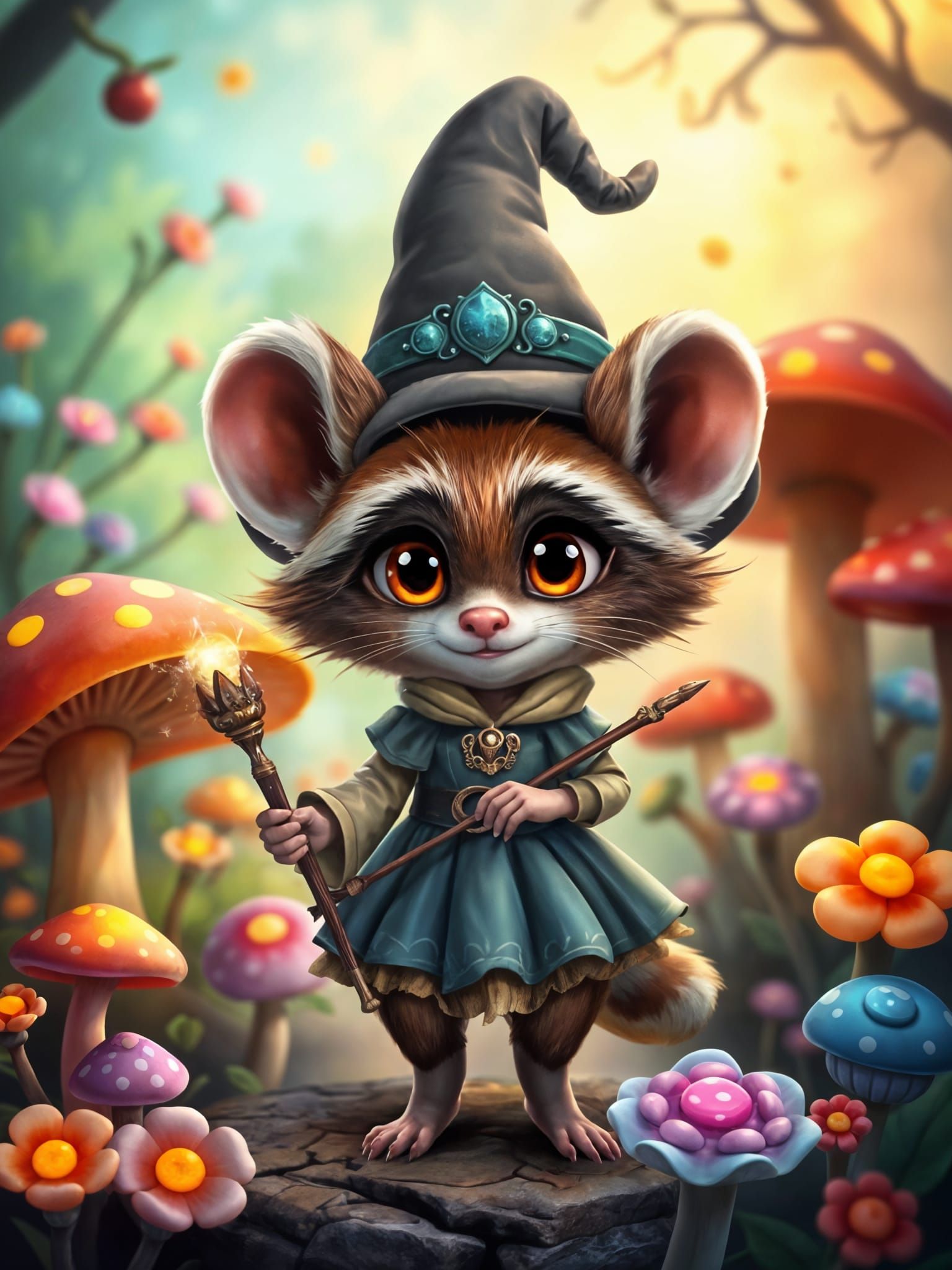 Cute Fantasy Creature with Magic Wand and Pointed Hat