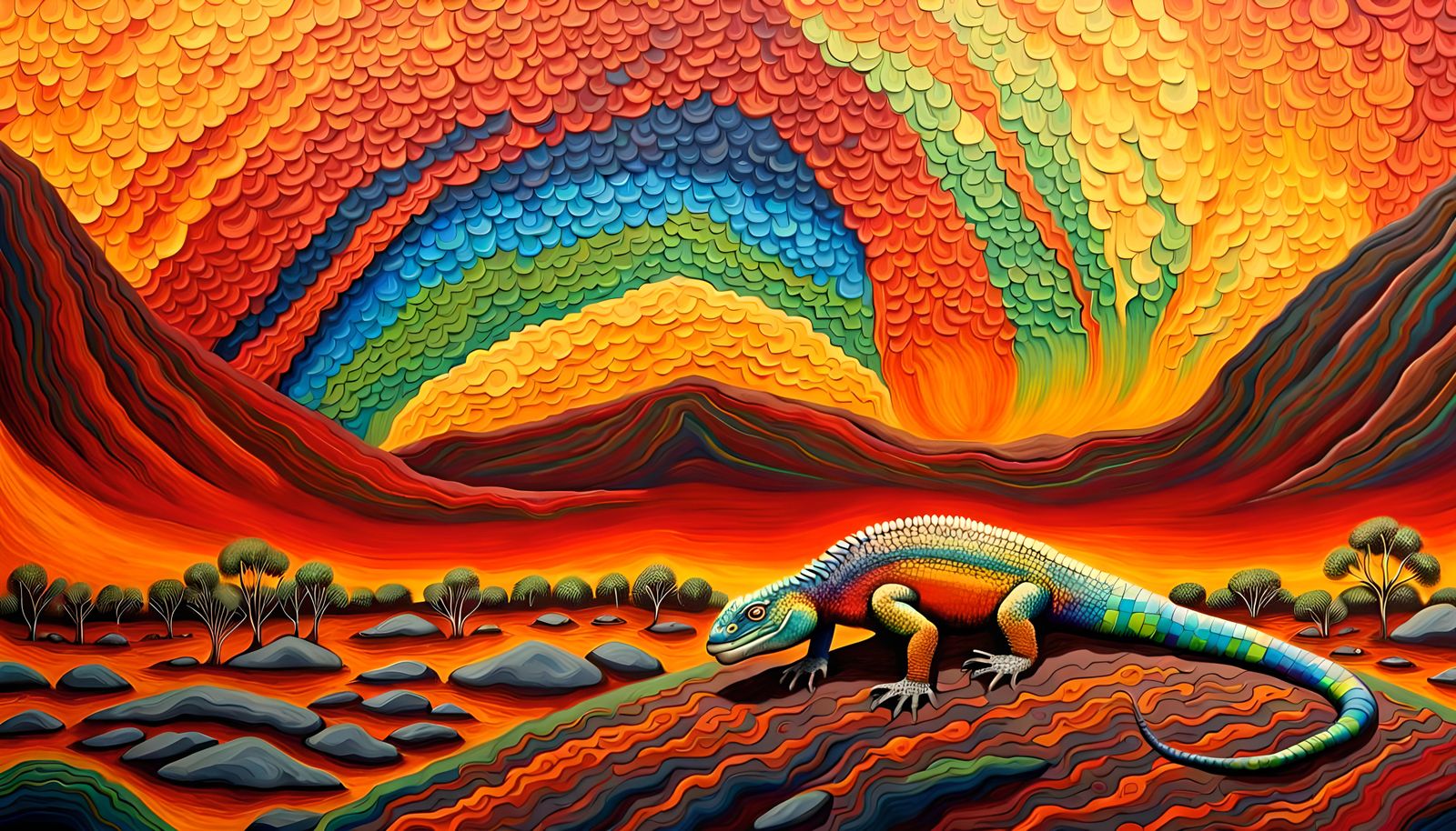 Giant Goanna Emerges from Uluru: Impasto Oil Painting