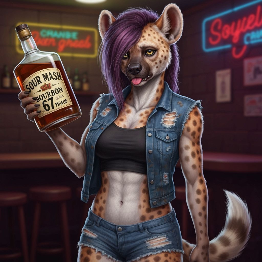 Spotted She-Hyena in Dive Bar Holding Bourbon Bottle