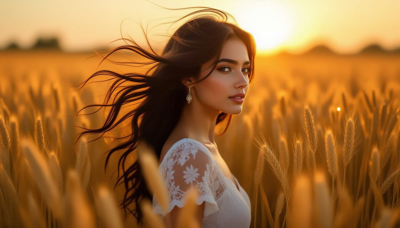 Persian Woman in Golden Wheat Field at Sunset