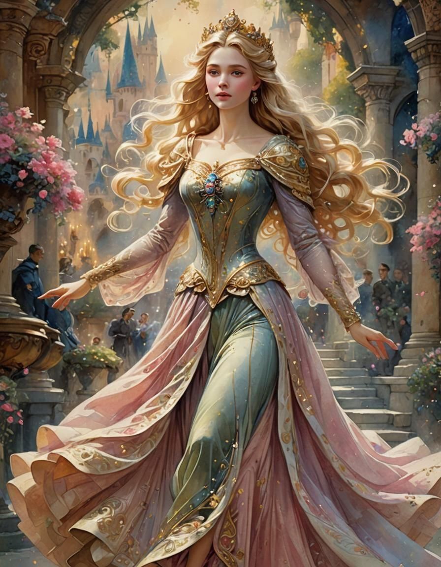 Enchanting Princess Aurora in Vibrant Watercolor Style