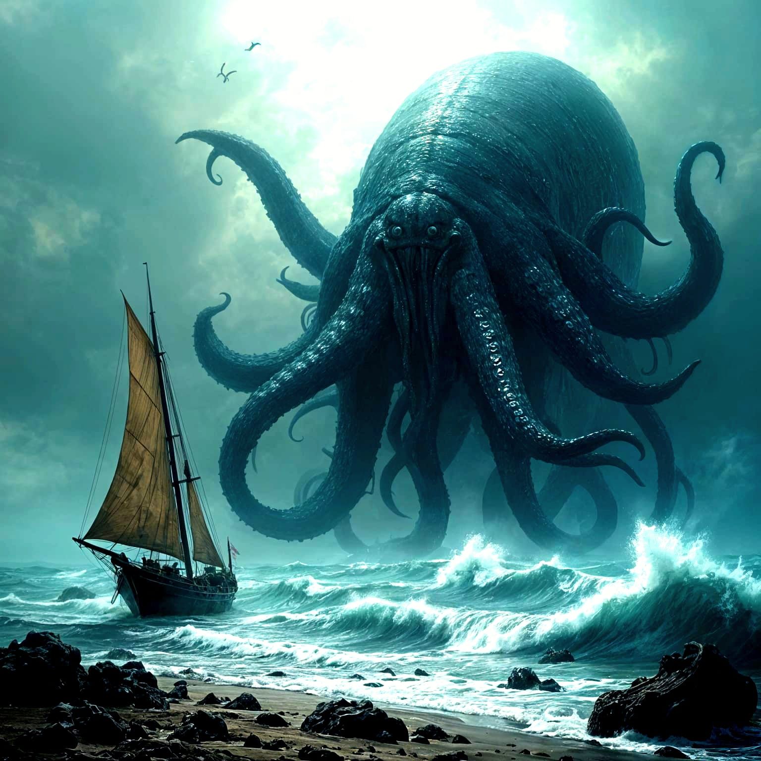 Gigantic Sea Monster Rises from the Depths in a Stormy Ocean...