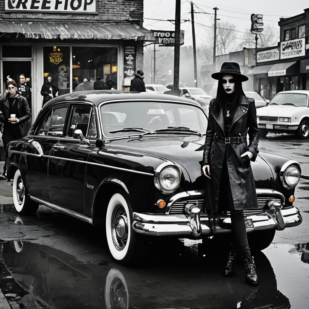 Neon Goth Fashion Model in Smoky Cafe