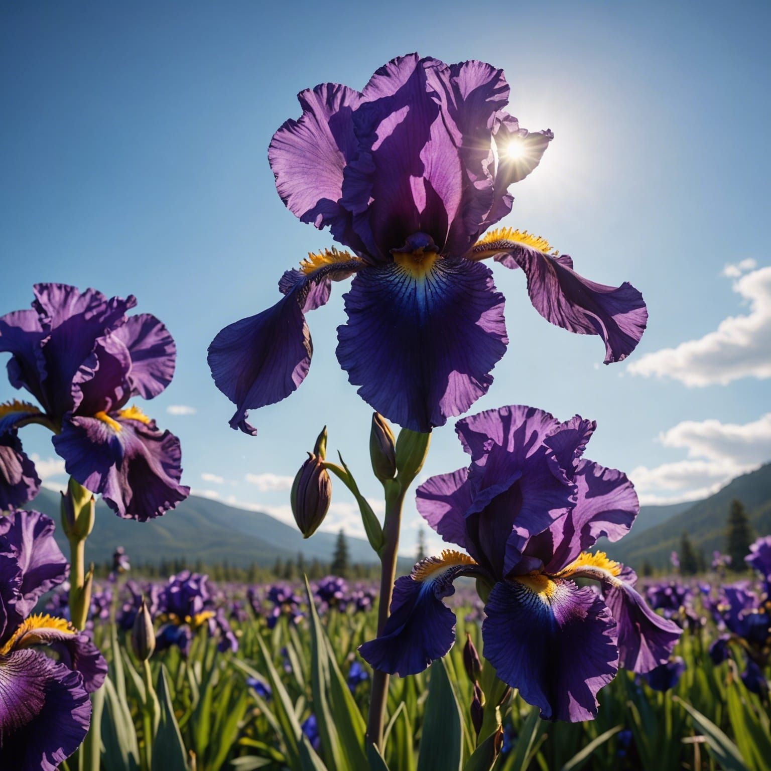 Purple Bearded Iris Against Blue Sky