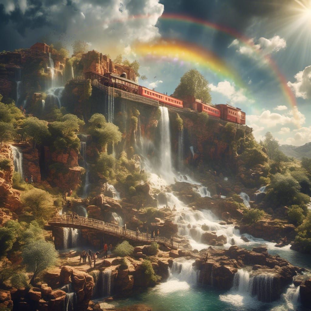 Old West Sun Trains with Waterfall and Rainbow