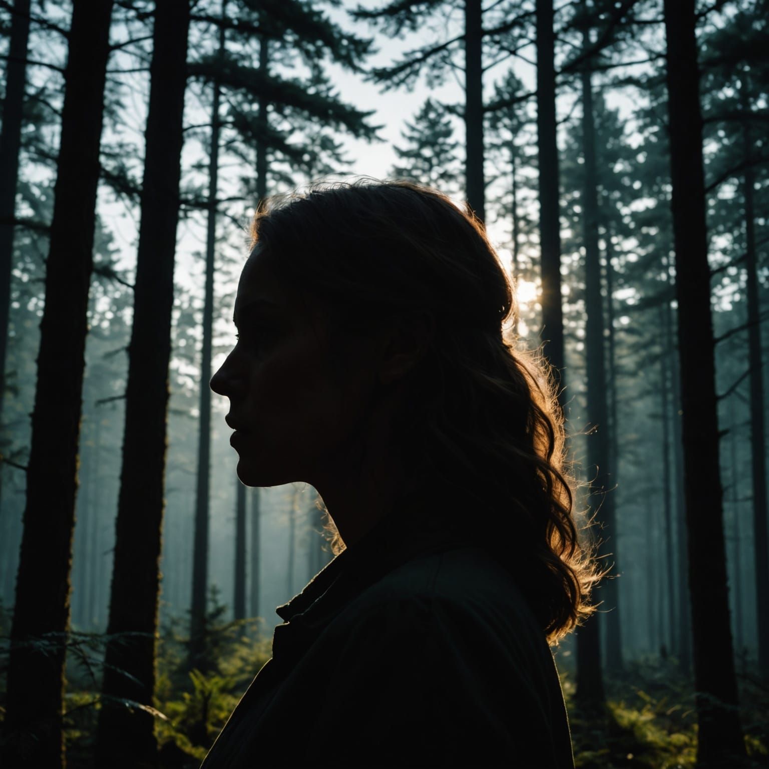 Ethereal Woman Silhouette in a Dark Forest