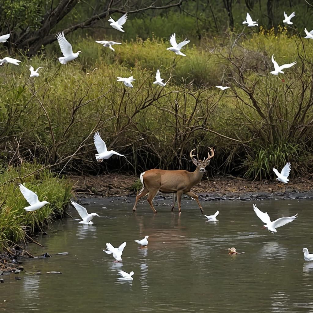 Deer Drinking from Stream with Dove