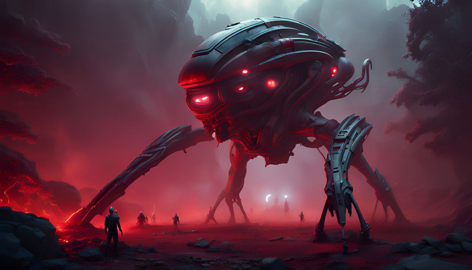 Tripod Alien War Machine in Dark Red Fog