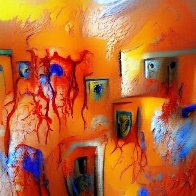 Abstract Room With Flesh Walls And Faces In Complementary Co...