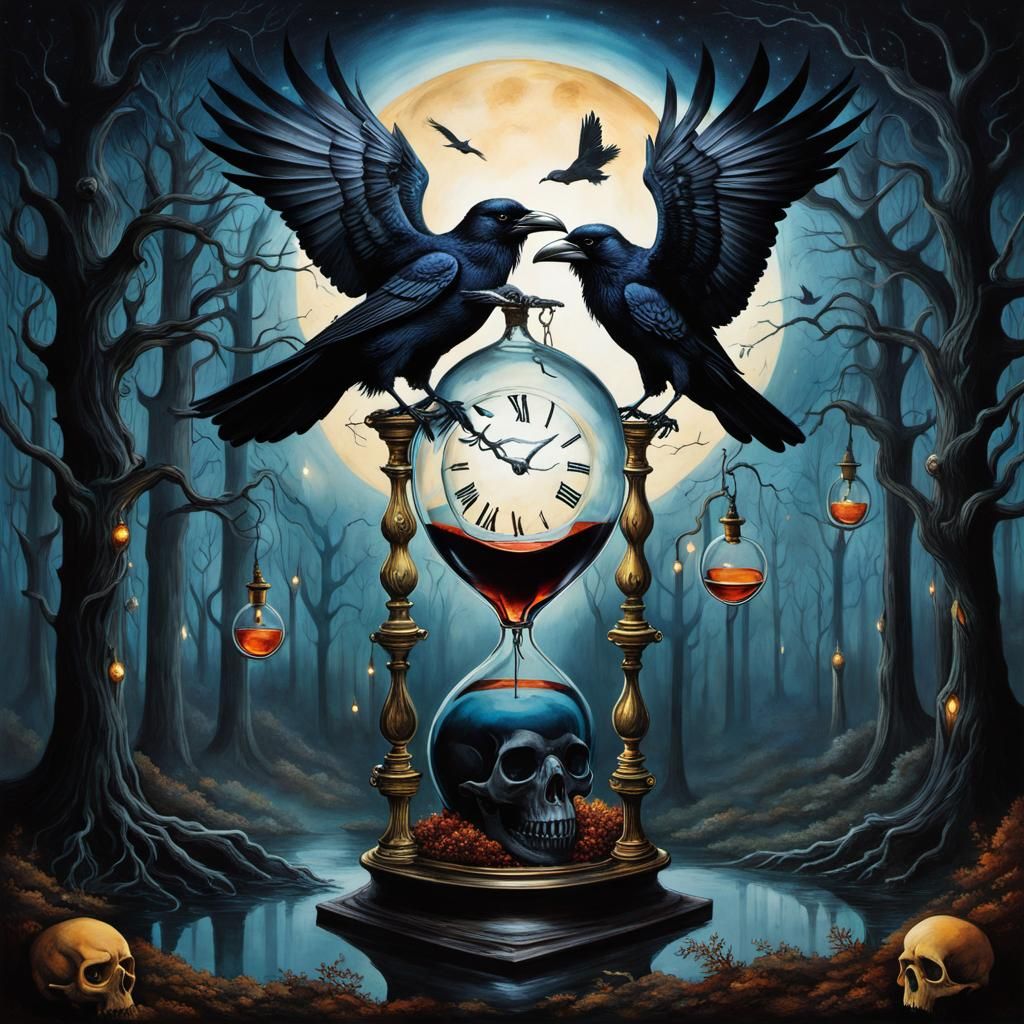 Ravens Devouring Skull Hourglass in Surreal Woods