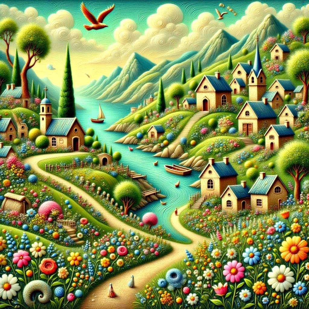 Whimsical Coastal Village in Pastel Hues