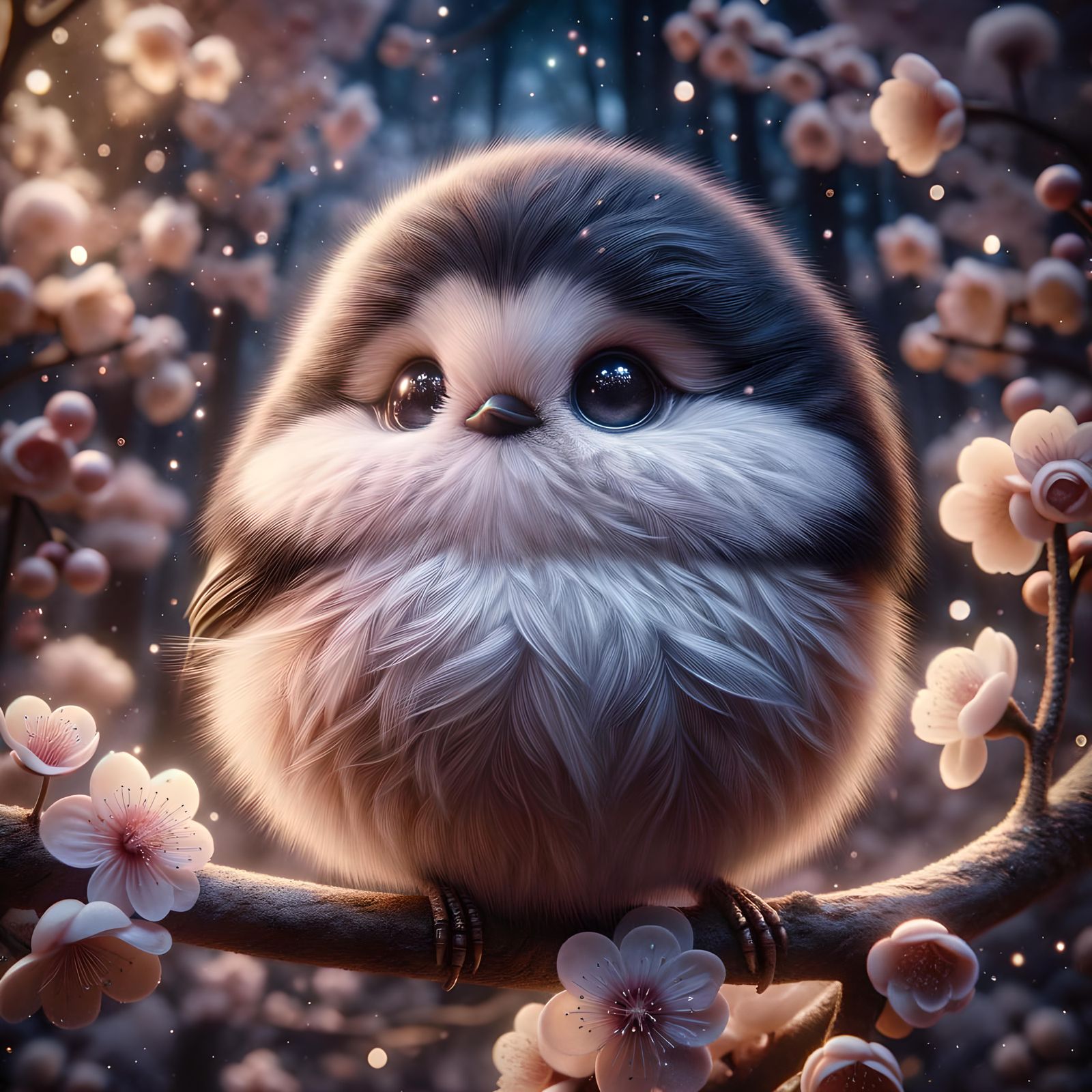 Adorable Japanese Tit Bird on Cherry Blossom Branch