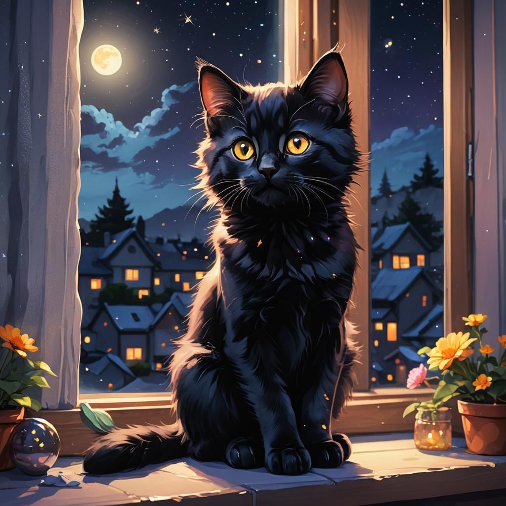 Cute Black Kitten in Moonlit Anime Style