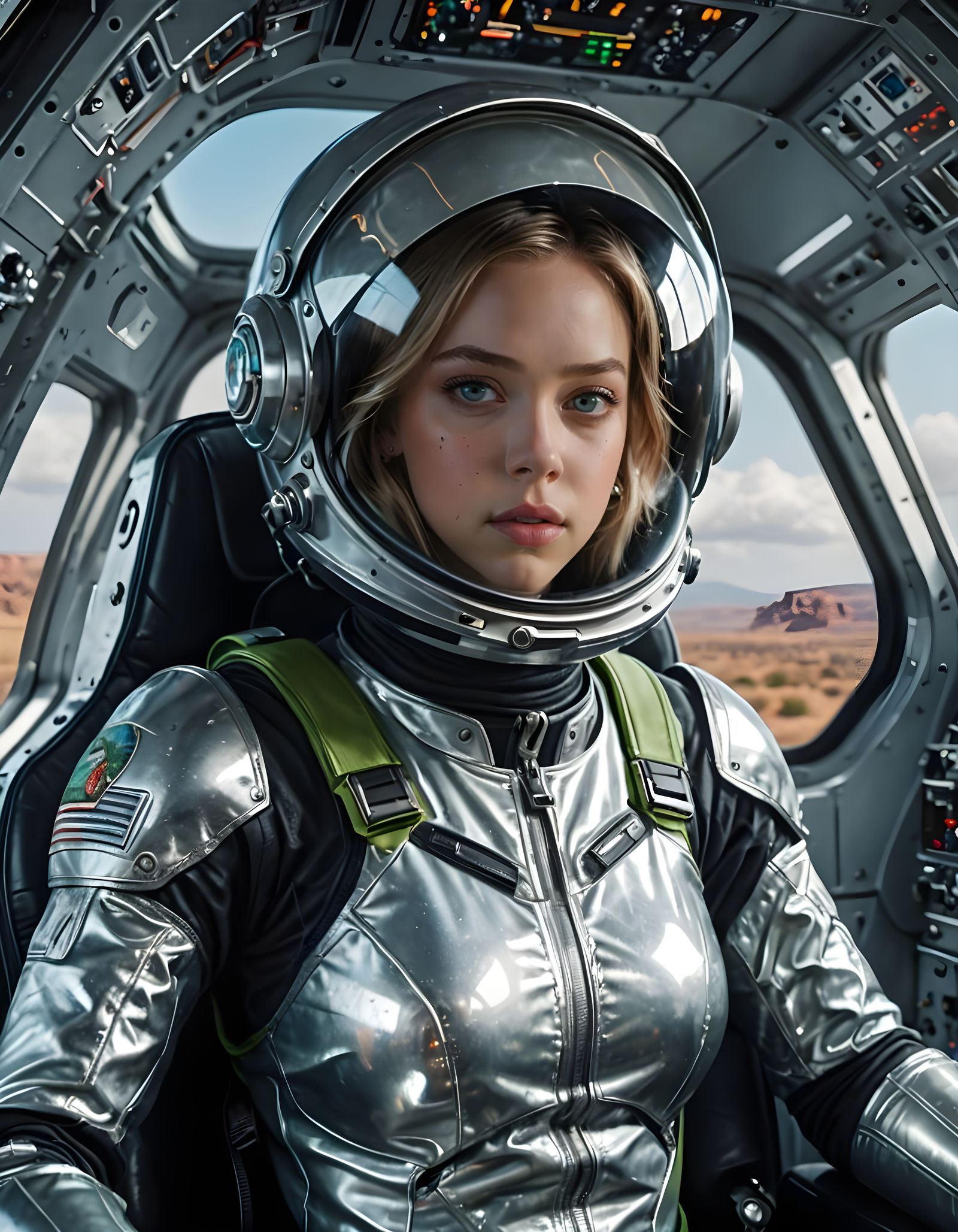 Sydney Sweeney in Spacesuit Cockpit, Photorealistic Detail