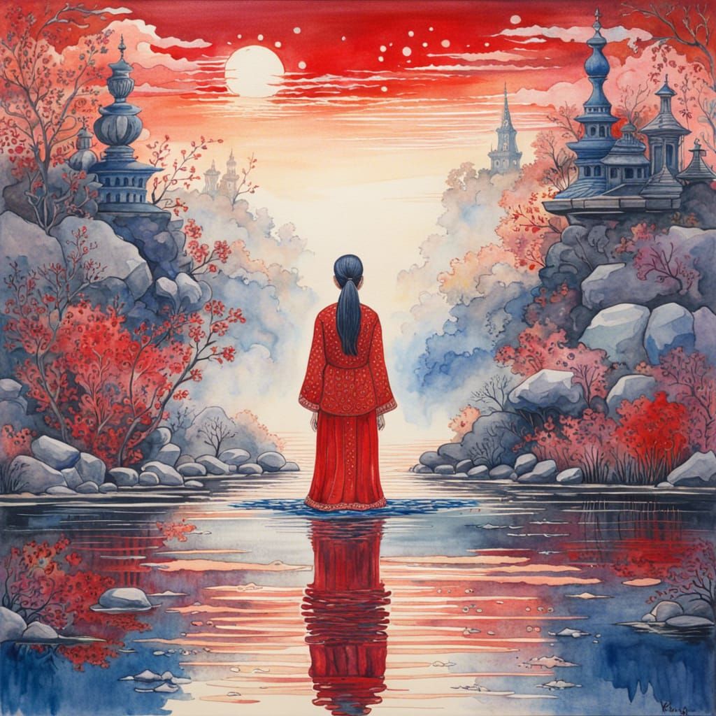 Woman in Silent Lake: Watercolor Dreamscape