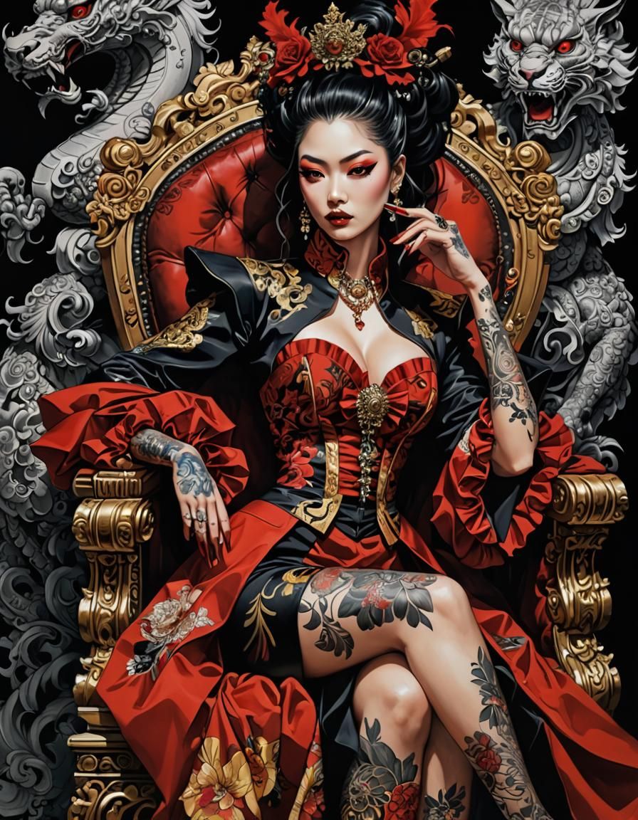 Yakuza Girl Boss in Baroque Noire Pen & Ink