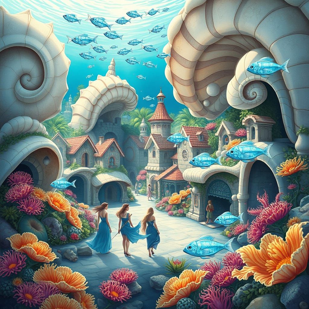 Whimsical Undersea Nereid Town in Watercolor Style