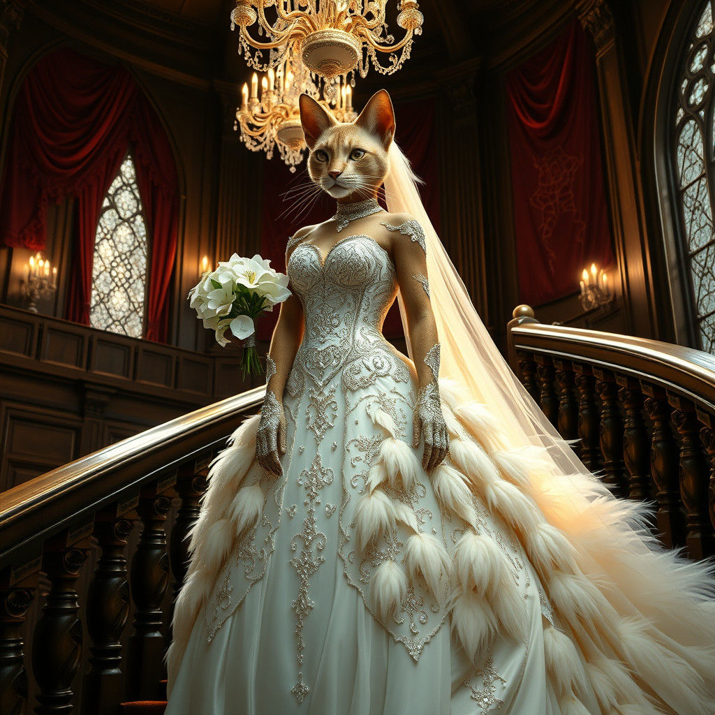 Elegant Feline Bride in Opulent Castle Setting