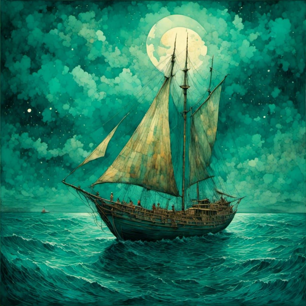 Egyptian Sailing Vessel on Teal Waters, Watercolor Style