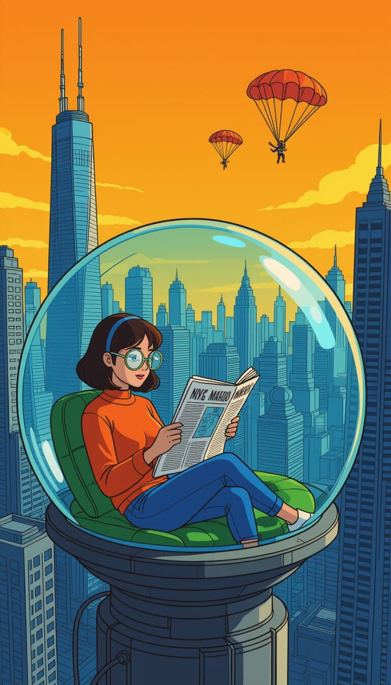 Woman Reading in Futuristic Dome on Skyscraper
