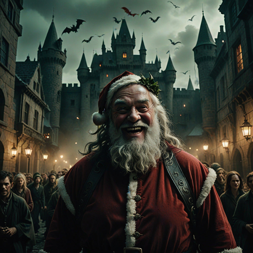 Dark, Moody Santa Amidst Dragon Chaos