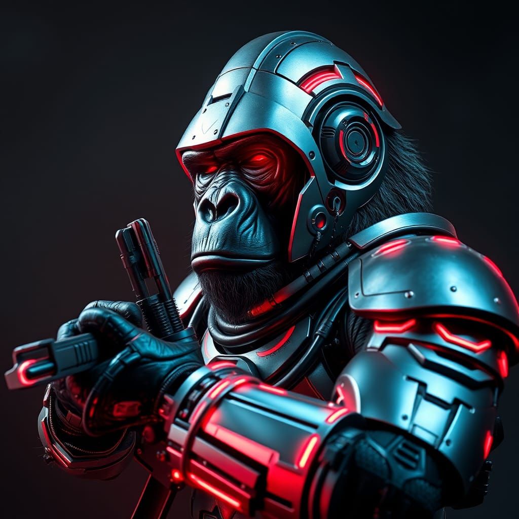 Gorilla in Silver Armor with Futuristic Rifle
