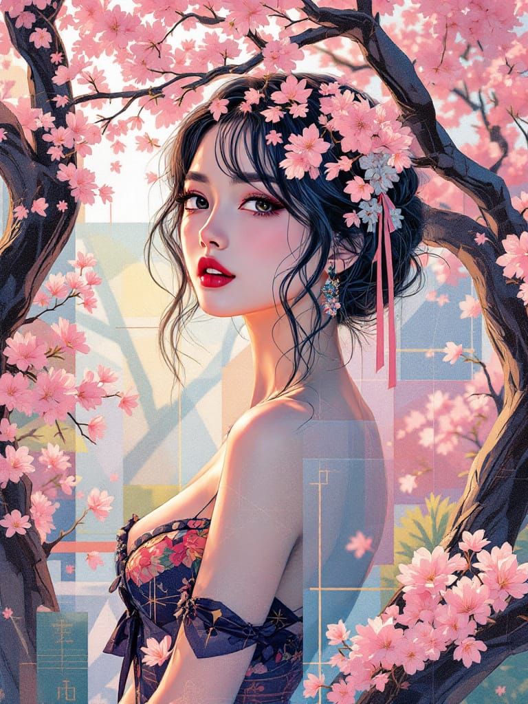 Luminous Anime Portrait: Geometric Pin-Up in Cherry Blossom ...