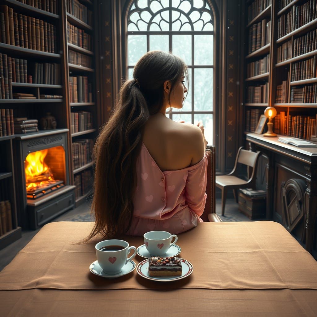 Woman in Soft Pink Pajamas Sips Coffee by the Fireplace