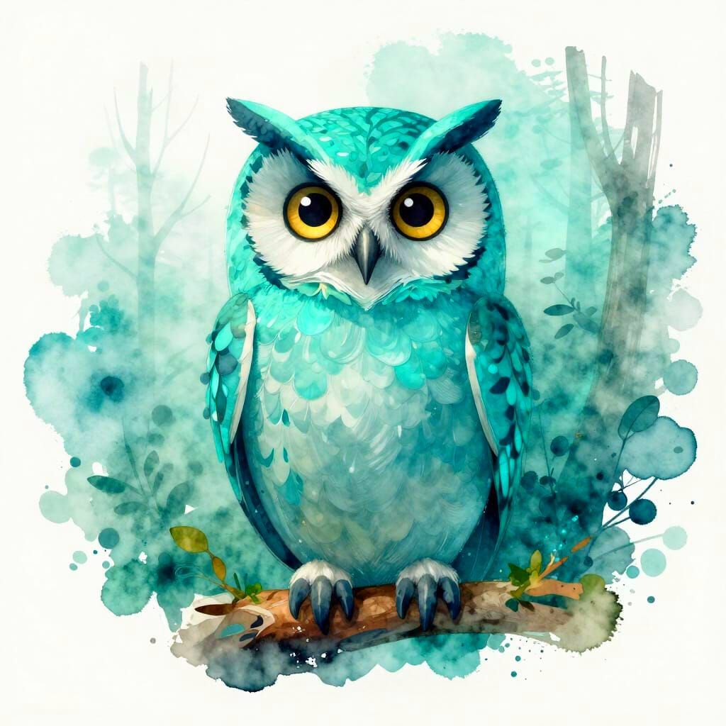 Turquoise Owl in Misty Forest at Turquoise Hour