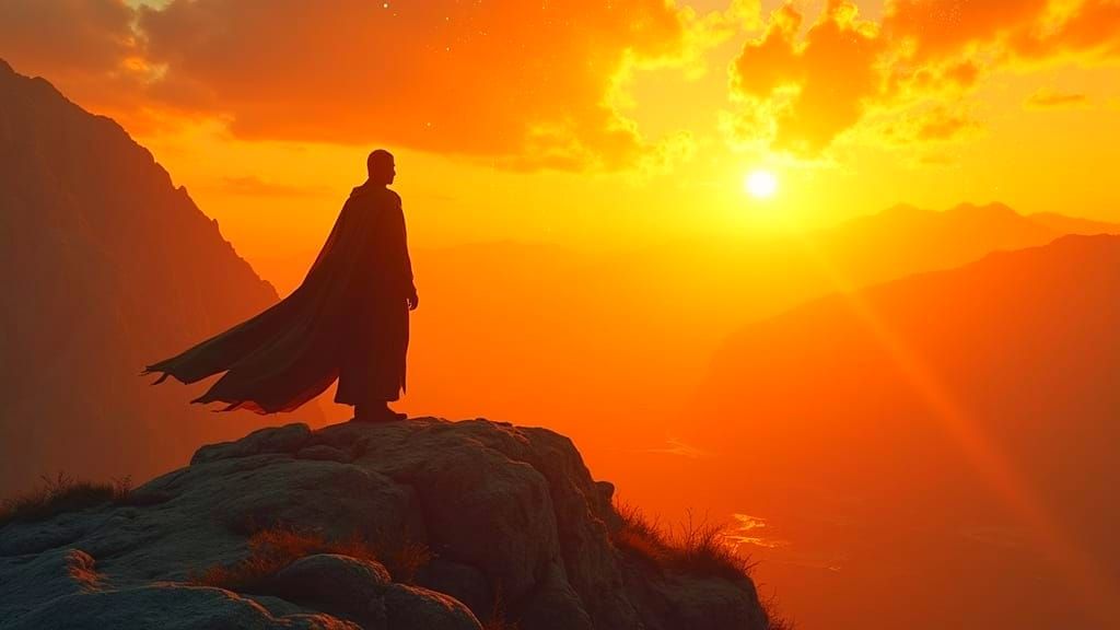 Lone Figure Overlooking Valley at Sunrise