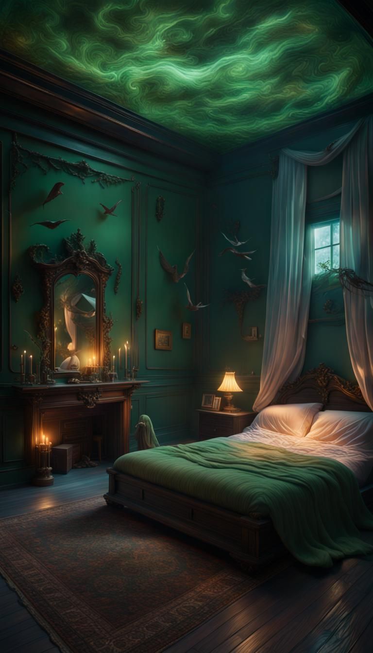 Heavenly Bedroom Scene with Ghost in Detailed Matte Painting