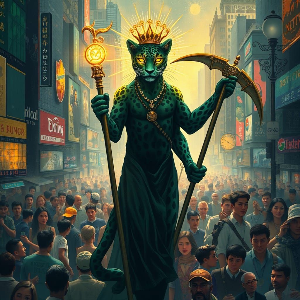 Leopard God Amidst Metropolis in Klimt-Inspired Style