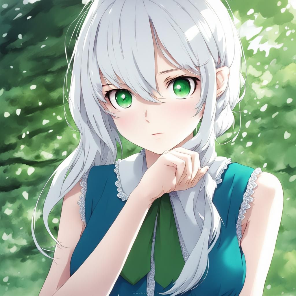 Anime Girl with White Hair and Green Eyes
