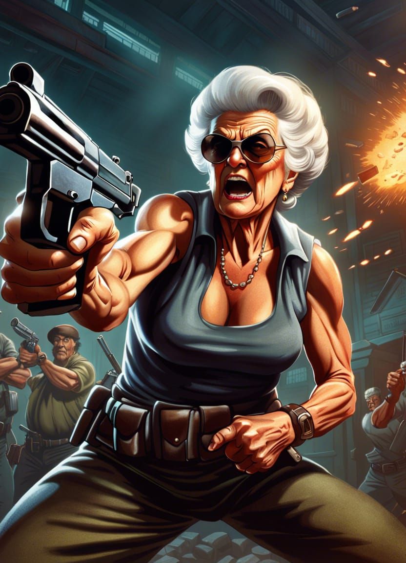 Rambo-Style Granny with Gun in Comic Book Art