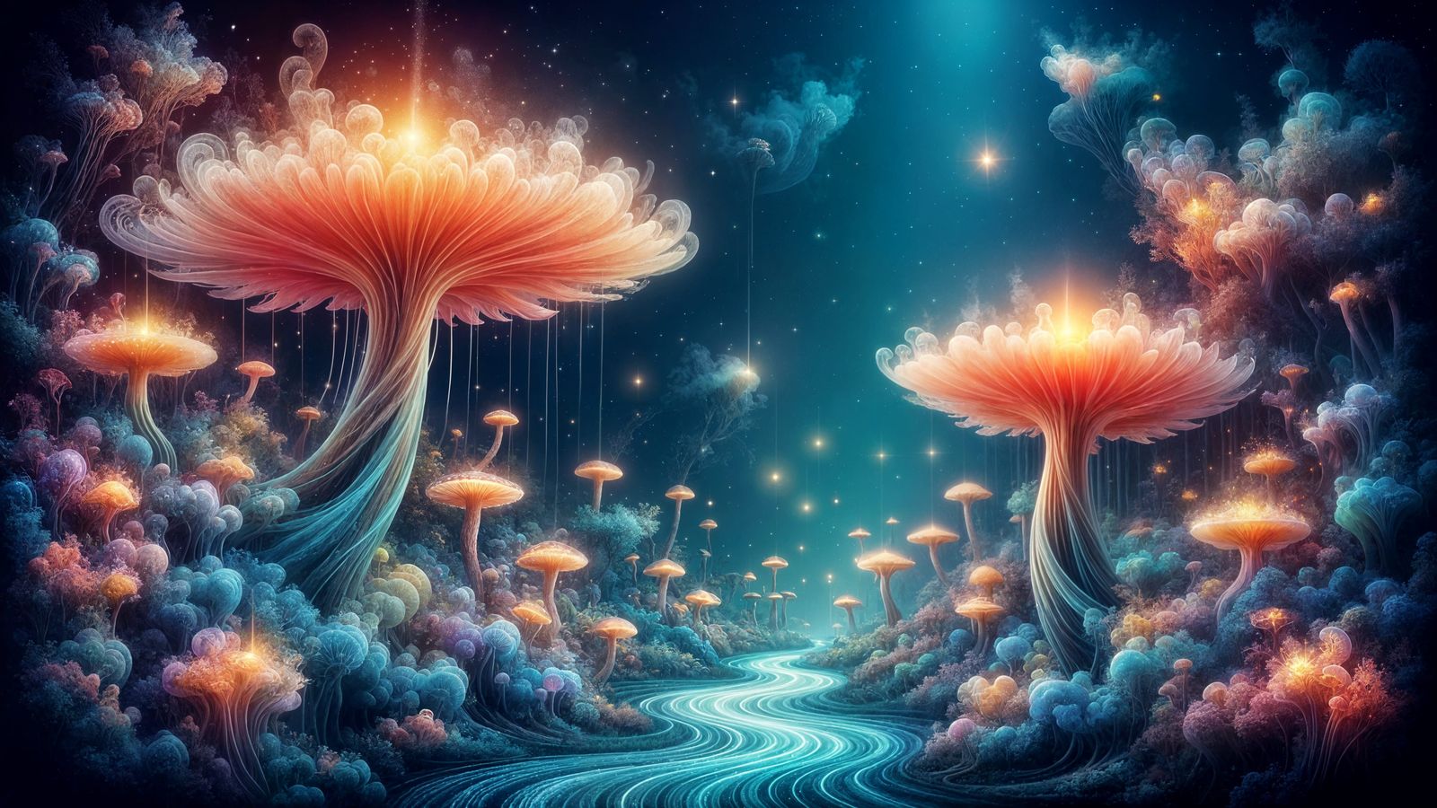 Bioluminescent Mushroom Forest at Night with Sprites