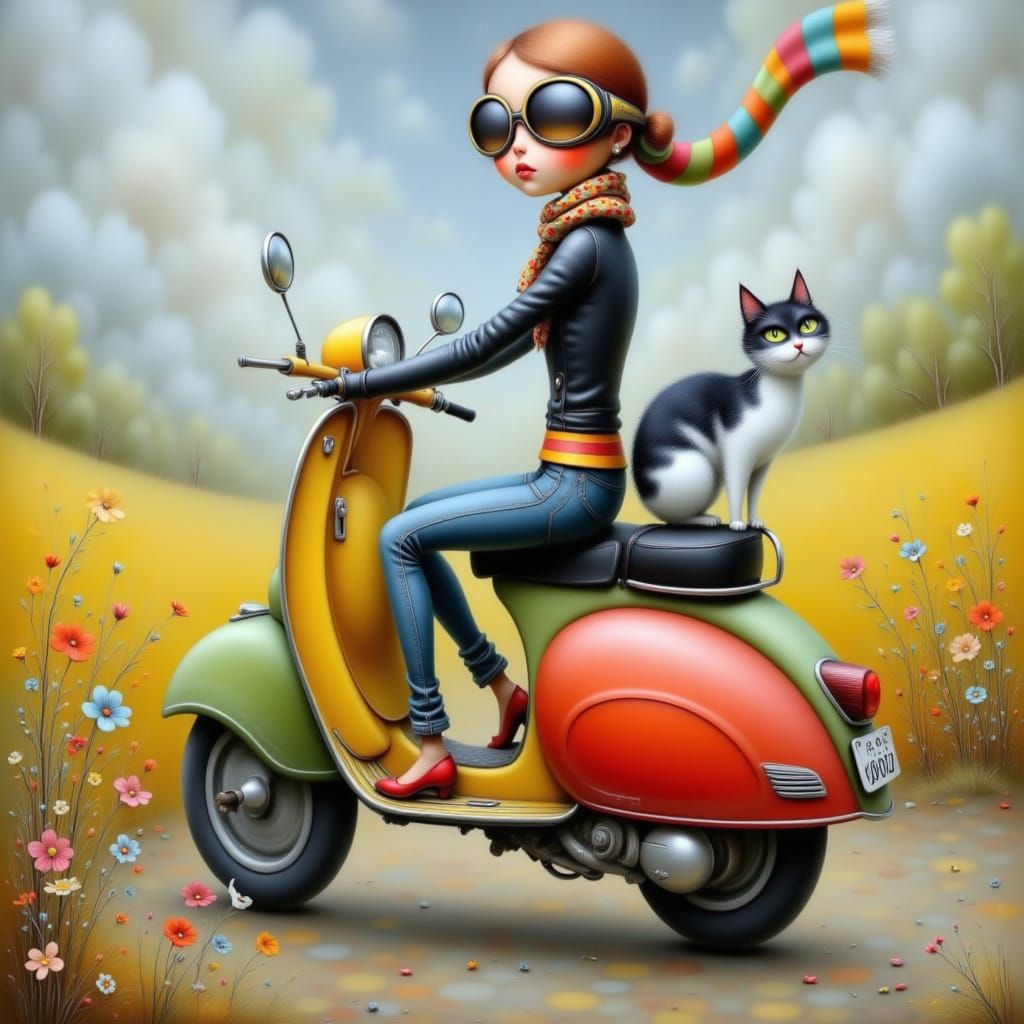 Rainbow Vespa Ride Through Countryside in Abstract Style