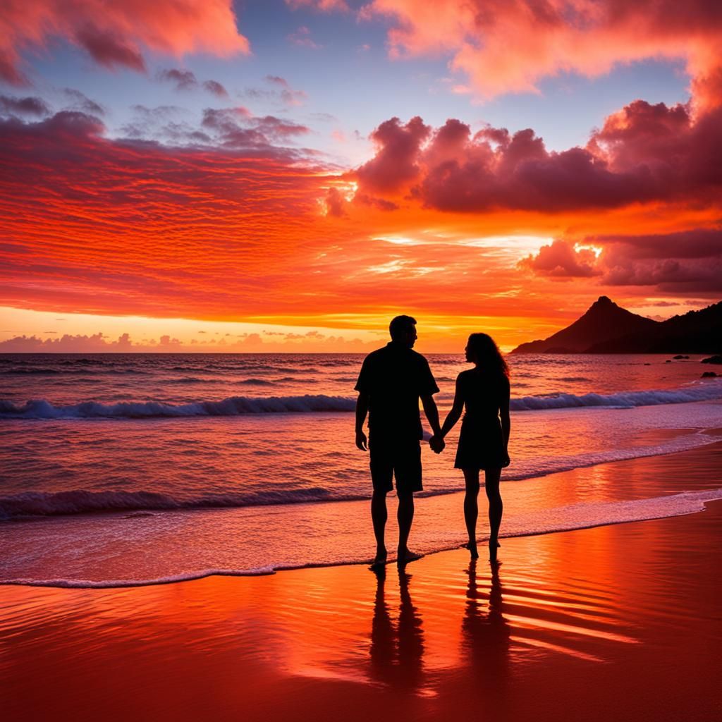 sunset of reds and orange tints over the tropical island of ...