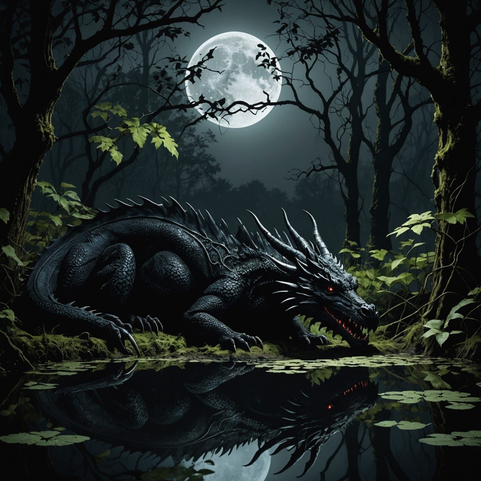 Sleek Black Dragon Asleep in Dark Swamp