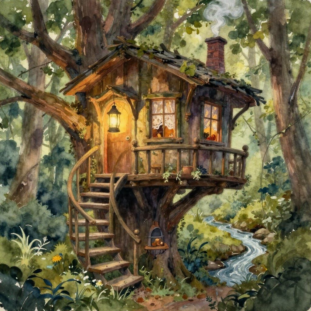 Whimsical Watercolor Treehouse in Enchanted Forest