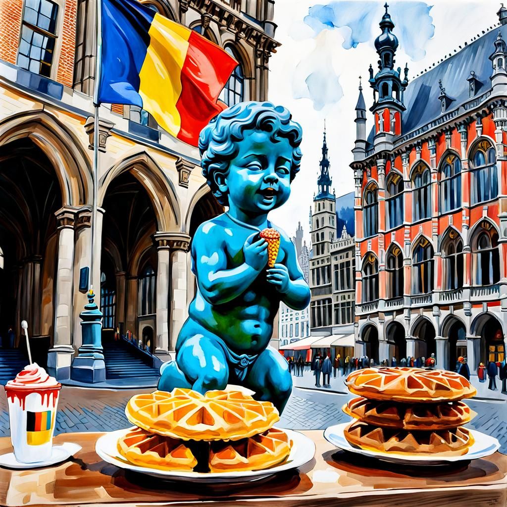 Belgian Landmarks in Double Exposure: Gouache Watercolor