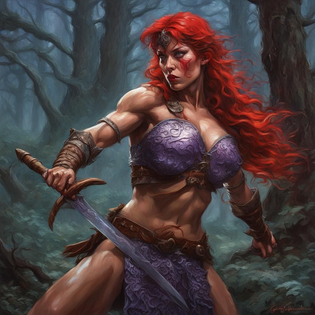 Red Sonja in Woodlands Battle Oil Painting