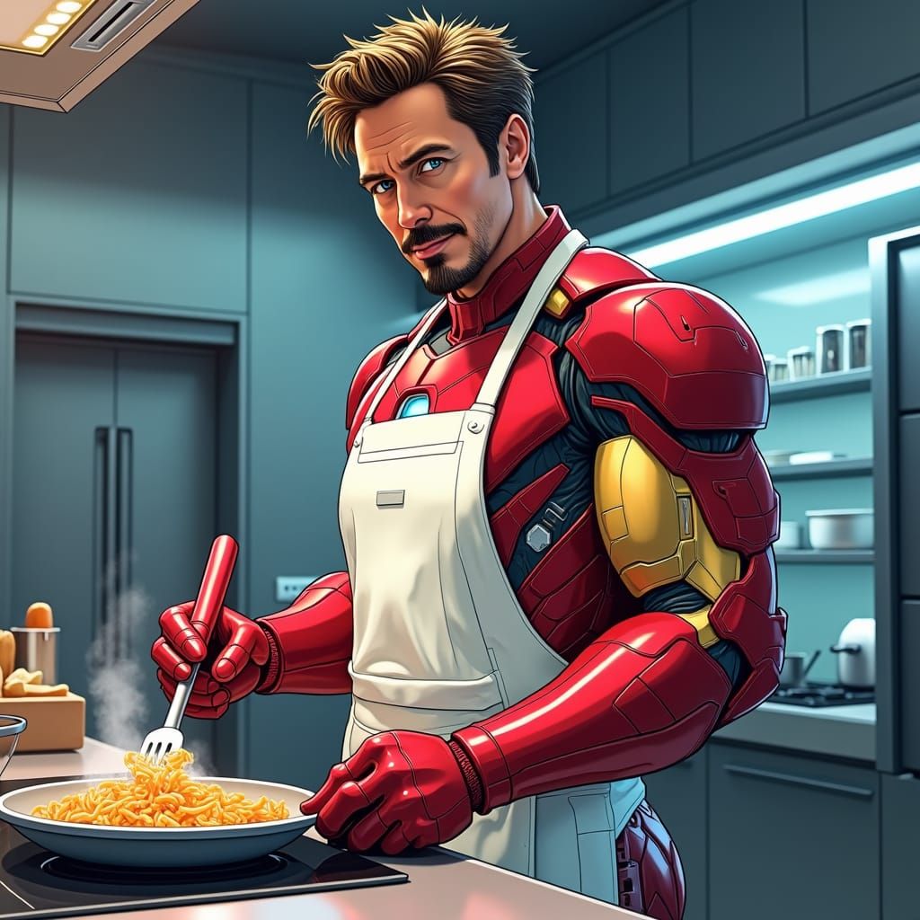Iron Man Cooks in Futuristic Kitchen, High-Tech Art